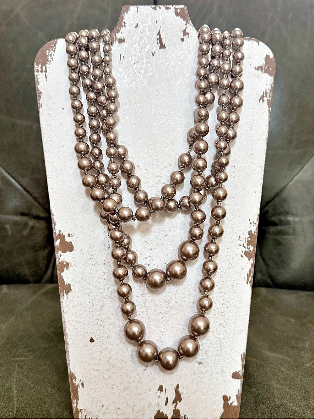 Chico's Multi-Strand Taupe Pearl Statement Necklace – Adjustable Silvertone Clas